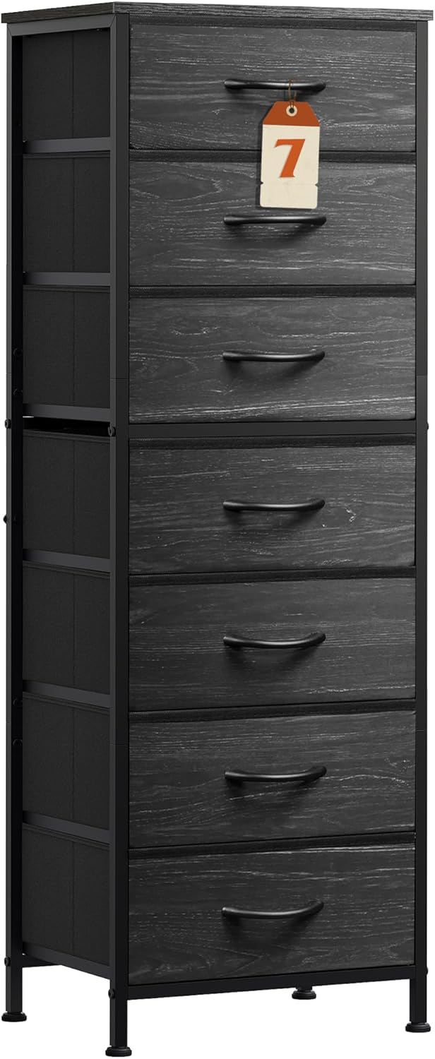 WLIVE Tall Dresser for Bedroom, 7 Drawer Dressers & Chests of Drawers, Fabric Dresser for Closet, Night Stand with Metal Frame, Storage Tower with Fabric Bins, Woodtop, Charcoal Black Wood Grain Print