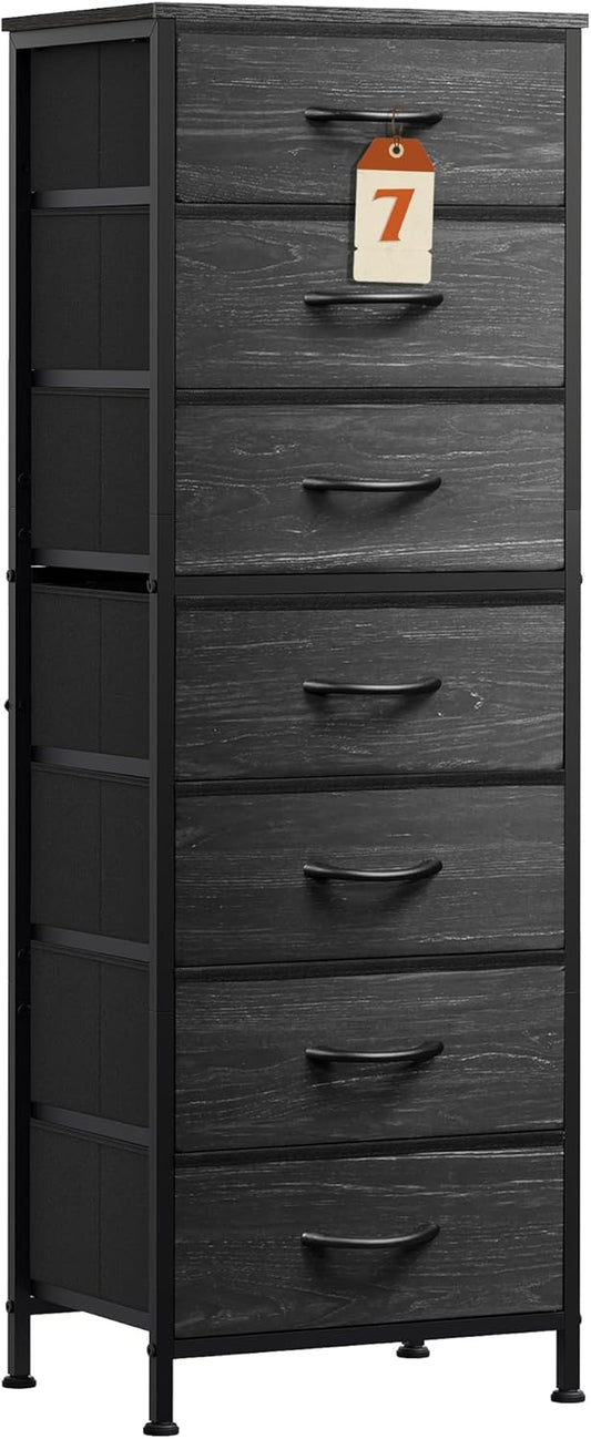 WLIVE Tall Dresser for Bedroom, 7 Drawer Dressers & Chests of Drawers, Fabric Dresser for Closet, Night Stand with Metal Frame, Storage Tower with Fabric Bins, Woodtop, Charcoal Black Wood Grain Print