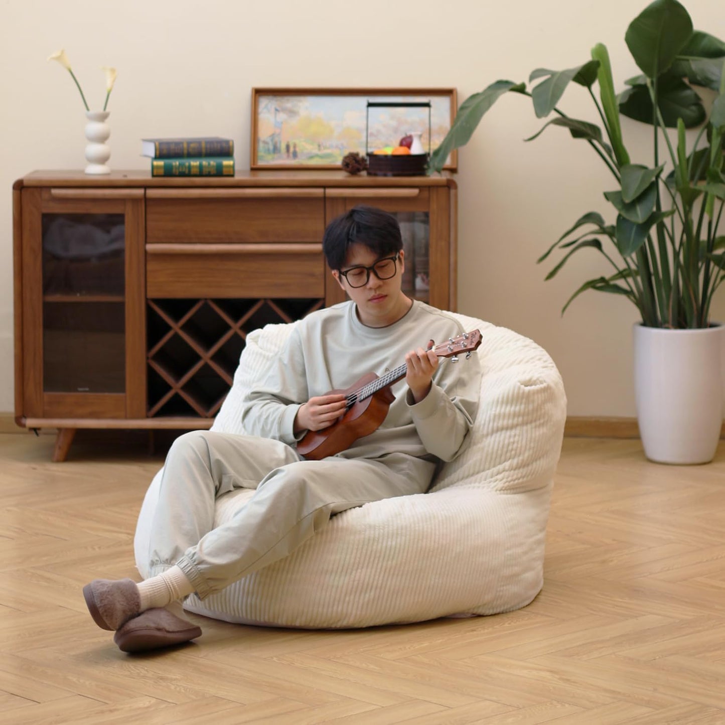 N&V Large Crescent Bean Bag Chair, Adult Size Bean Bag Sack, Foam Filling, Soft Premium Corduroy Bean Bag for Living Room Bedroom Dorm and Office (Ivory)