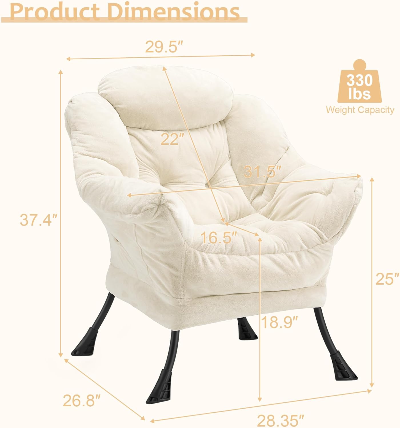 Fabric Lazy Chair for Adults, Oversized Upholstered Sofa Chair, Plush Comfy Lounge Chair with Large Side Storage Pocket, Thick Padded Reading Chair for Living Room, Bedroom, Study Room, Beige