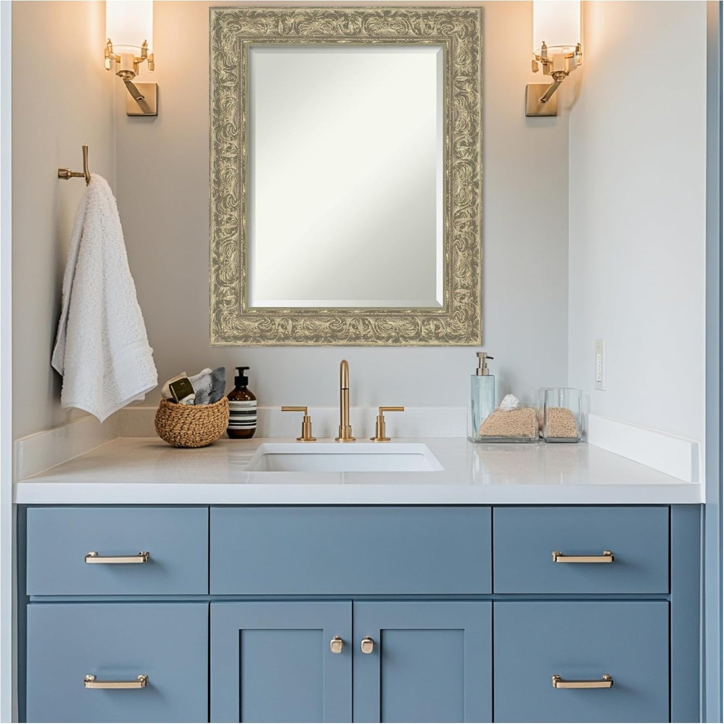 Amanti Art Silver Bathroom Mirror for Over Sink, 31x25 Luxe Antique Silver Rectangle Vanity Mirror, Medium Traditional Frame, Hangs Horizonally and Vertically, Bathroom Wall Decor, Beveled Edge