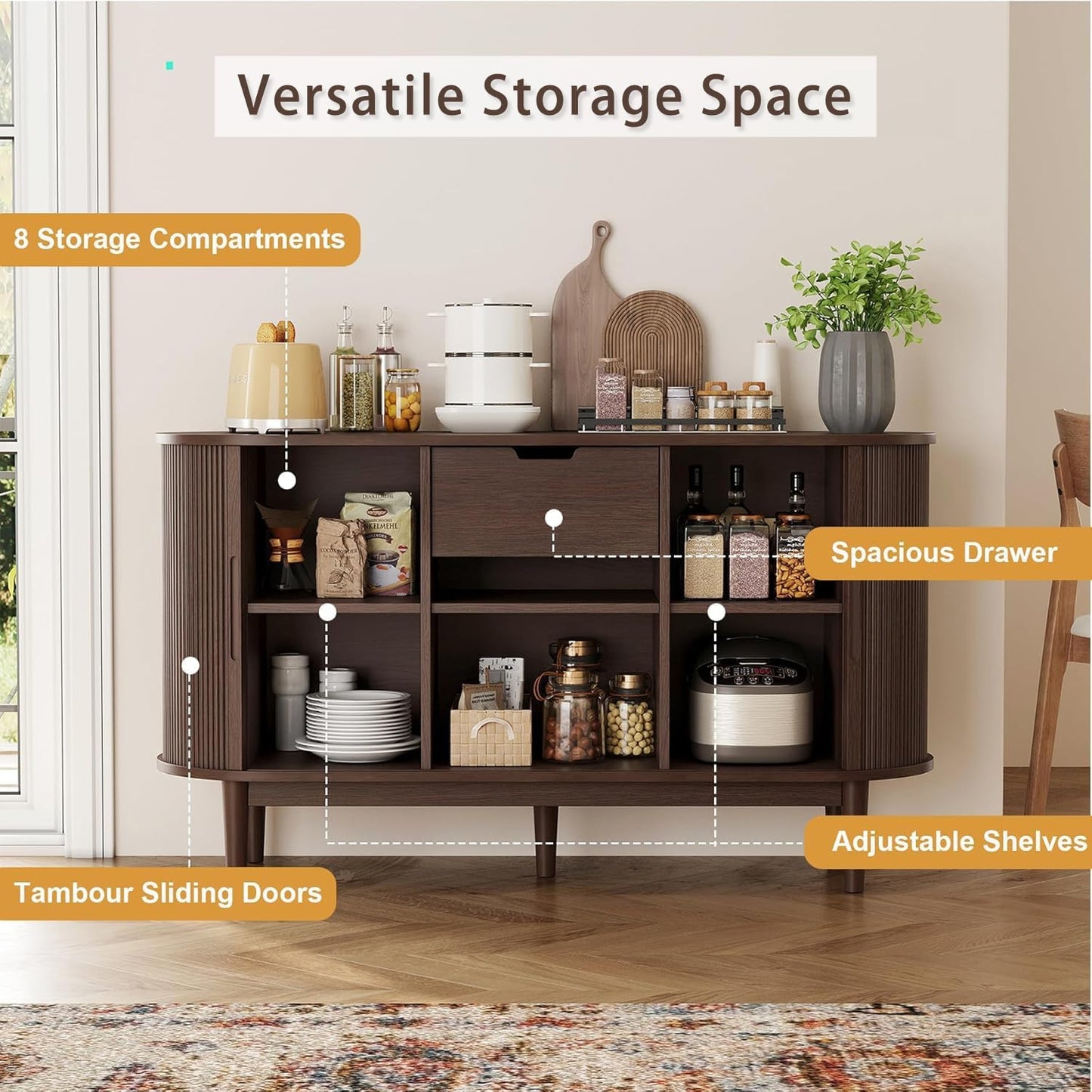 LINSY HOME Sideboard Buffet Cabinet with Storage, 55" Fluted Coffee Bar Cabinet with Tambour Sliding Doors and Drawer, Mid Century Modern Wood Storage Buffet Table for Kitchen, Vintage Walnut