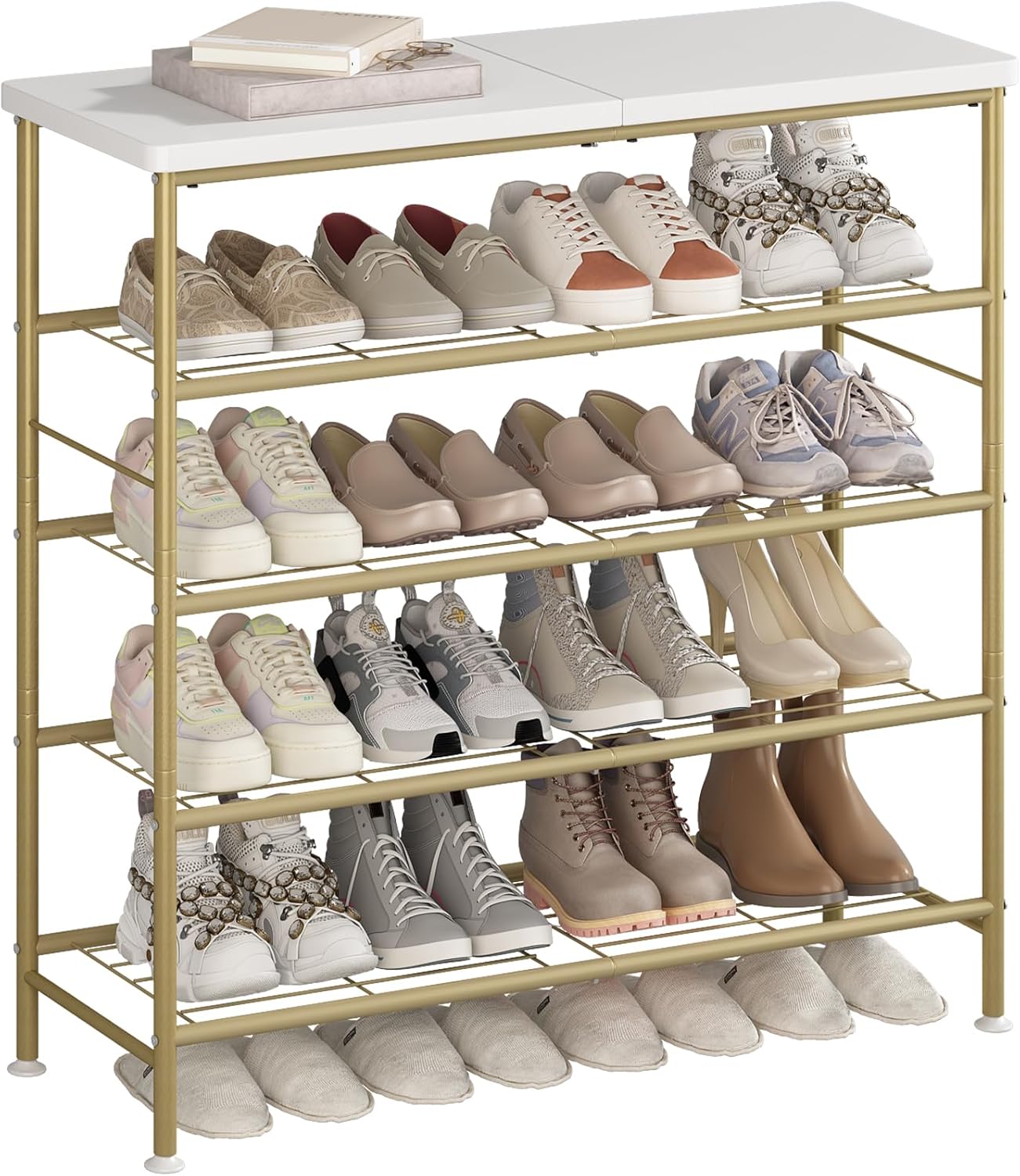Shoe Rack Organizer 5 Tier for Closet Entryway Free Standing Metal Storage Shoe Shelf with MDF Top Board，Gold