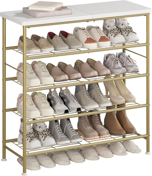 Shoe Rack Organizer 5 Tier for Closet Entryway Free Standing Metal Storage Shoe Shelf with MDF Top Board，Gold