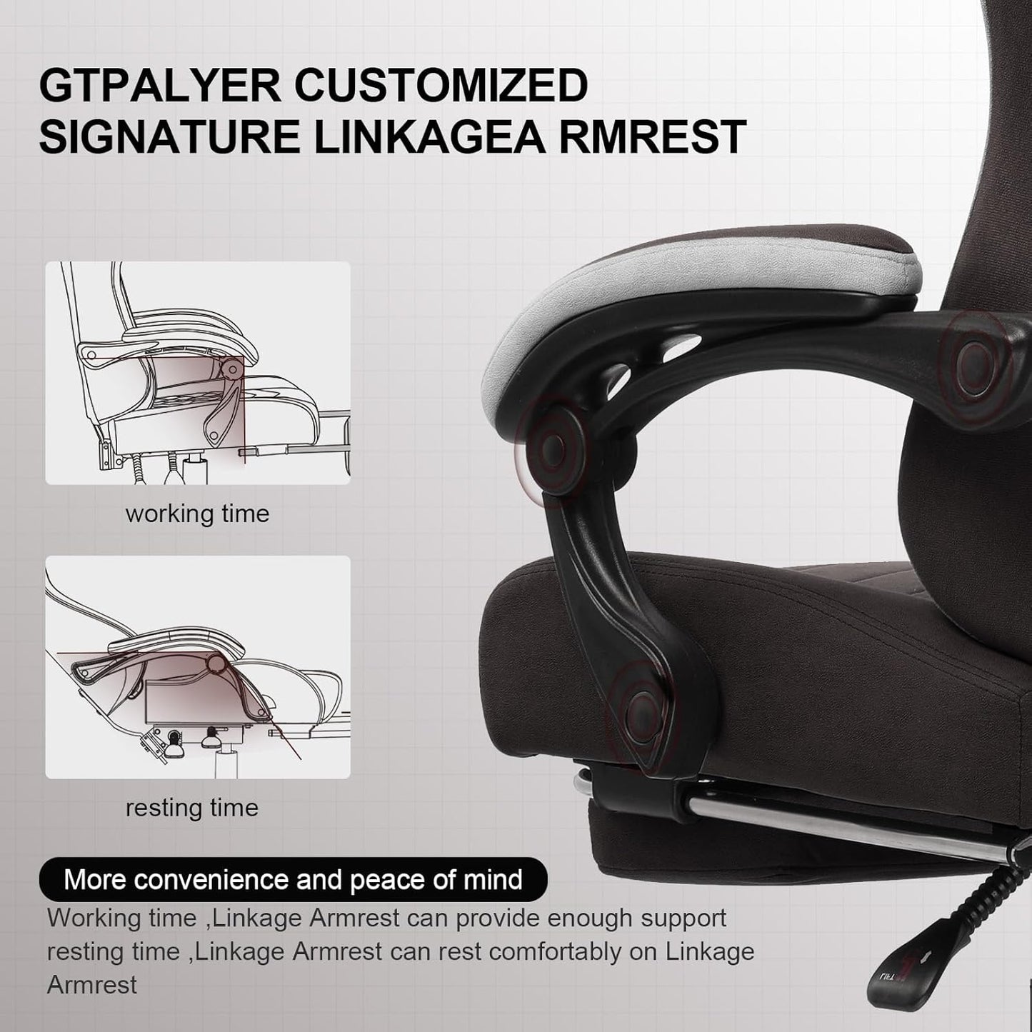 GTPLAYER Gaming Chair with Footrest Fabric Office Chair with Pocket Spring Cushion and Linkage Armrests, High Back Ergonomic Computer Chair with Lumbar Support Task Chair Brown