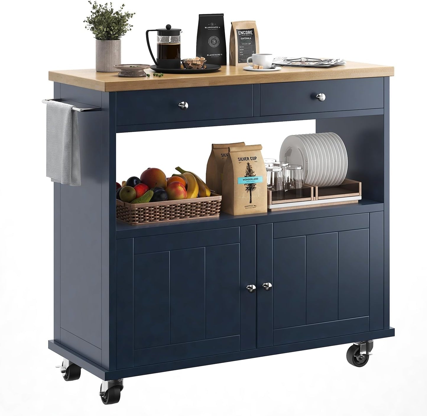 Rolling Kitchen Island with Storage Cabinet, 35.4'' Width Kitchen Cart, 2 Drawers Island Table, Portable Mobile Kitchen Island with Towel Rack, Wood Top and Lockable Wheels, Blue