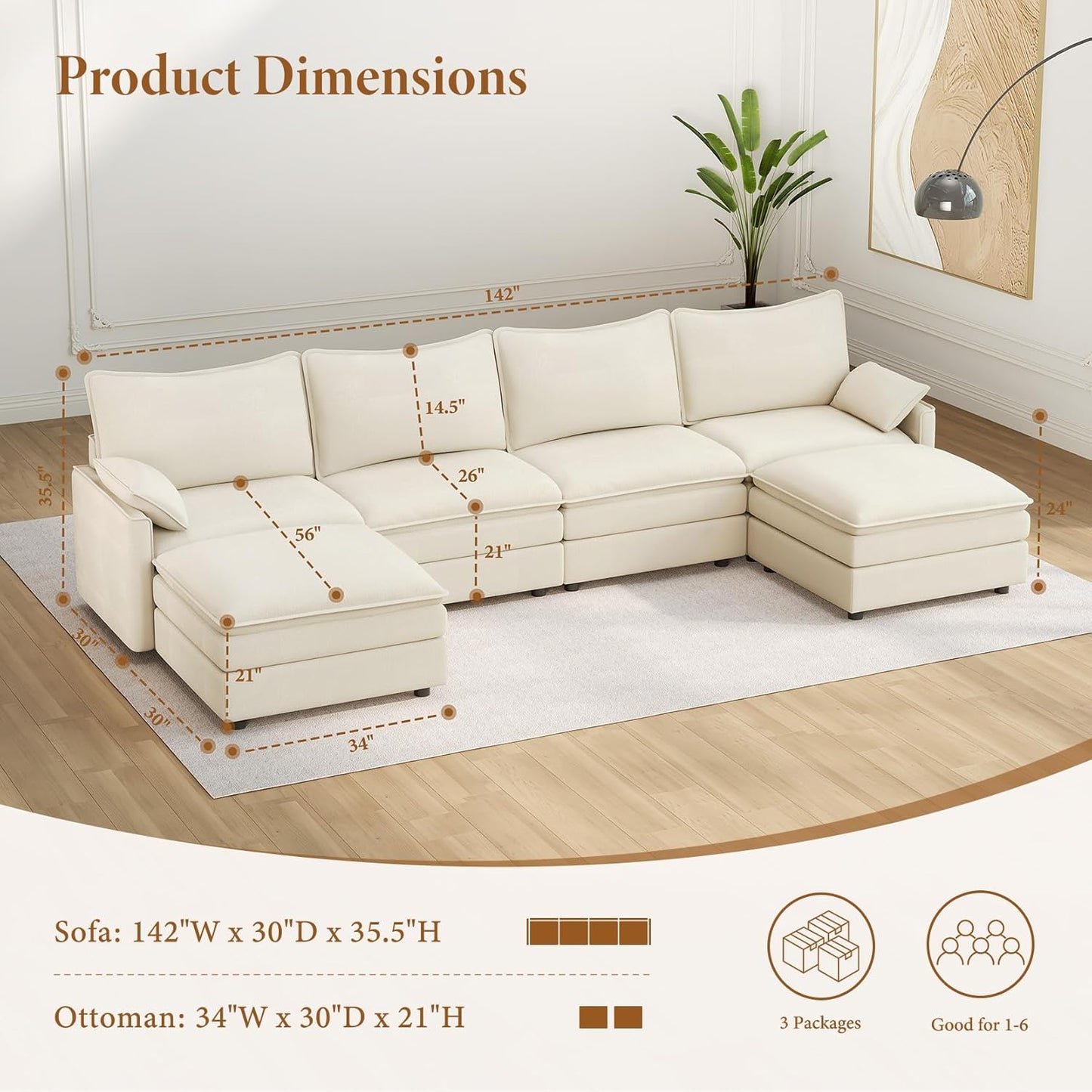 Vesgantti 142" U Shaped Sectional Couch, Comfy Cloud Modular Sectional Sofa with 2 Ottoman Deep Seat Chenille Modern Cloud Sofa, Modular Sofas for Living Room, Bedroom and Apartment, Snow White