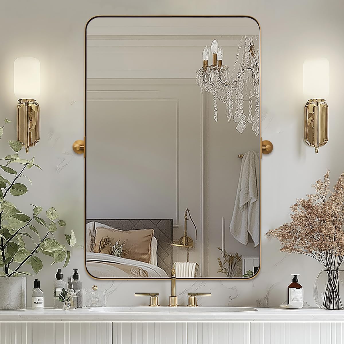 MOON MIRROR Brushed Gold Rectangle Pivot Mirror for Bathroom, Brass Pivoting Vanity，Overall 24.33 x 30 in (Mirror 20x 30 in)