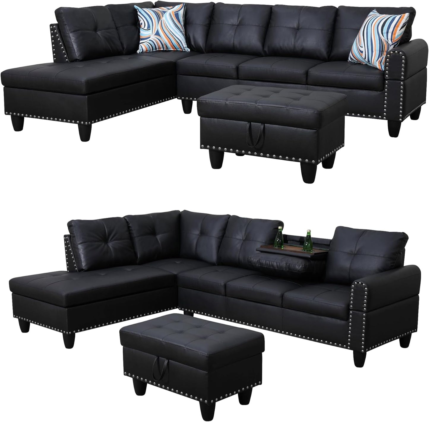 97" L Shaped Sectional Couch with Cup Holder, Modern 4 Seat Modular Sectional Sofa with Storage Ottoman, Living Room Sets for Small Spaces, Apartment, Faux Leather, Black