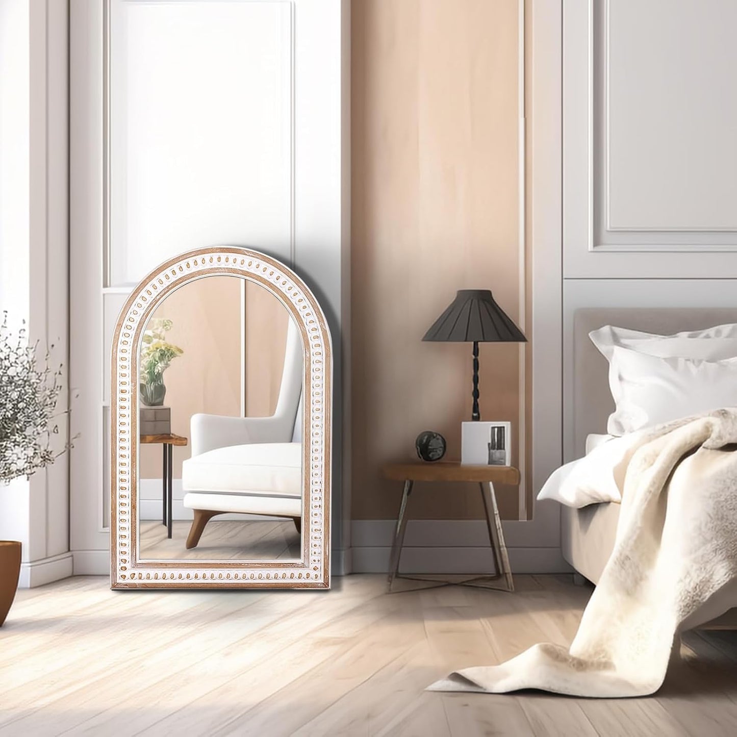 36x24 Boho Wooden Arched Wall Mirror with Beaded, Rustic Farmhouse Decorative Arch Mirrors for Bathroom Vanity, Living Room, Entryway, or Foyer