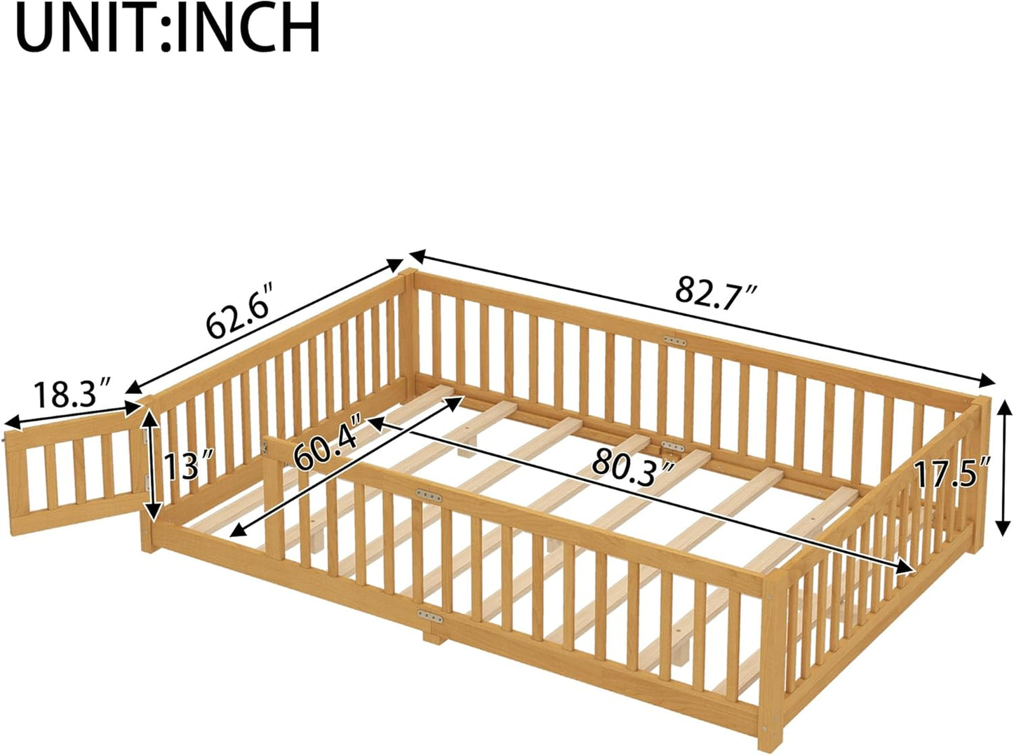 Queen Size Floor Bed Frame with Slats and Safety Guardrail, Wood Queen Size Montessori Floor Bed with Door and Fence, Easy Assemble Montessori Beds for Kids, Girls, Boys, Natural