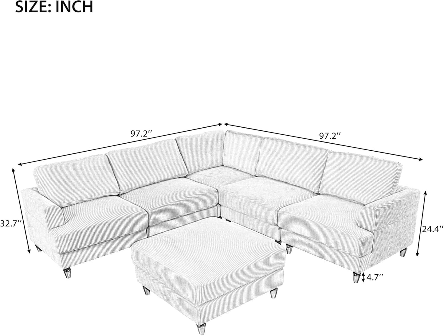 97.2 Inch L Shaped Modular Sectional Sofa with Movable Ottoman, 6-Seater Oversized Upholstered Combination Corner Couch for Living Room Office Spacious Space Furniture Sets, Gray