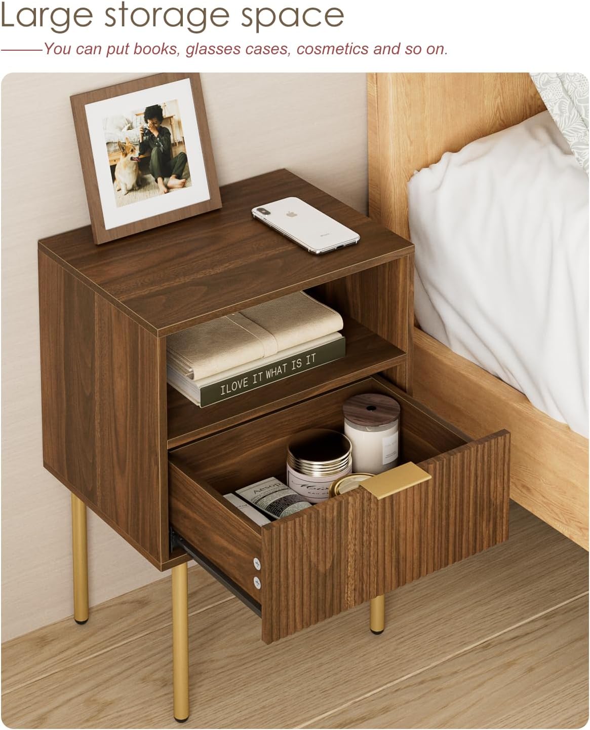 Nightstand,Small Bedside Table with Gold Frame,Morden Night Stand with 2 Drawer,End Table,Side Table with Drawer and Shelf for Bedroom,Living Room (Grey-1Drawer)