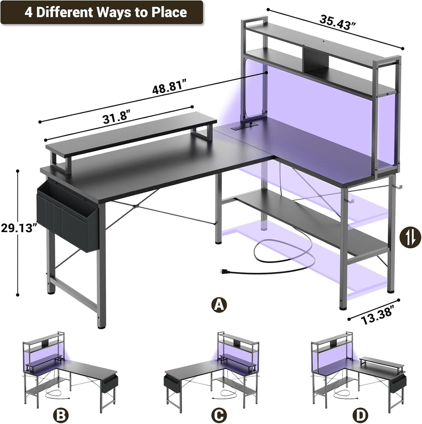 Aheaplus L Shaped Gaming Desk with Power Outlets & LED Lights, Small L- Shaped Desk Computer Corner Desk with Monitor Stand & Storage Shelf, Home Office Desk Writing Desk with Storage Bag, Black