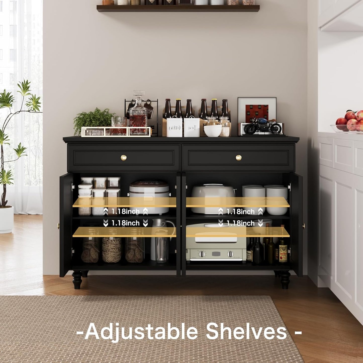 47.6" Buffet Sideboard with 2 Drawers and 4 Doors, Wooden Kitchen Storage Cabinet with Adjustable Shelves, Rustic Top Console Table for Dining Room, Kitchen, or Entryway,Black