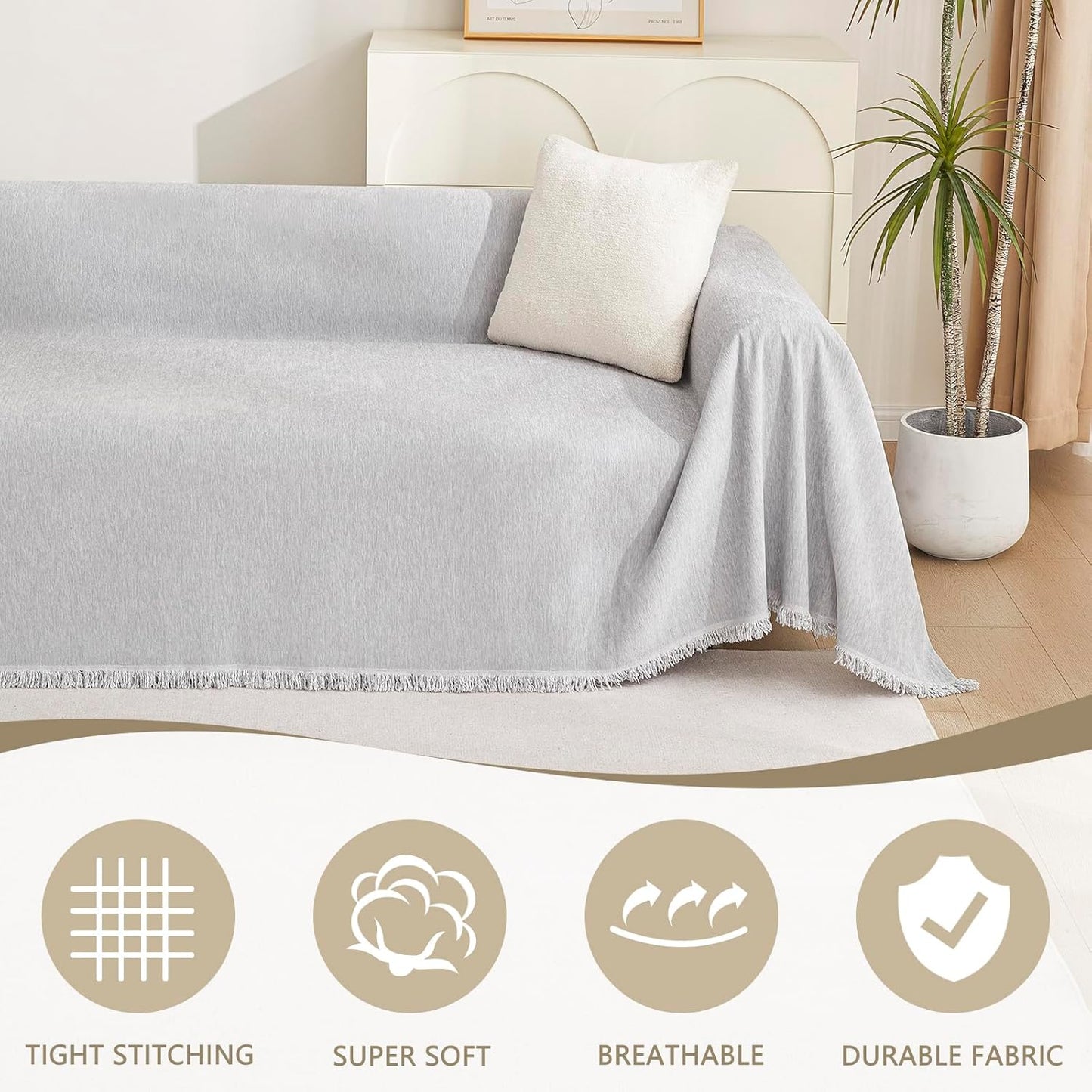 MYSKY HOME Light Gery Chenille Sofa Cover for Dogs Cats Tassel Edge Couch Cover Furniture Protectors for Pets Universal Couch Cover Thick Durable Sectional Couch Covers for 3 Cushion Couch, 71"x 134"