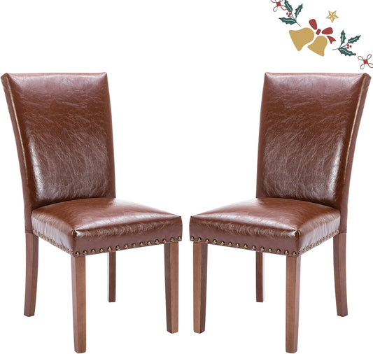 Parsons Dining Chairs Set of 2, Upholstered Nailhead PU Leather Dining Room Kitchen Side Chair with Thick Cushions and Wood Legs, Light Brown