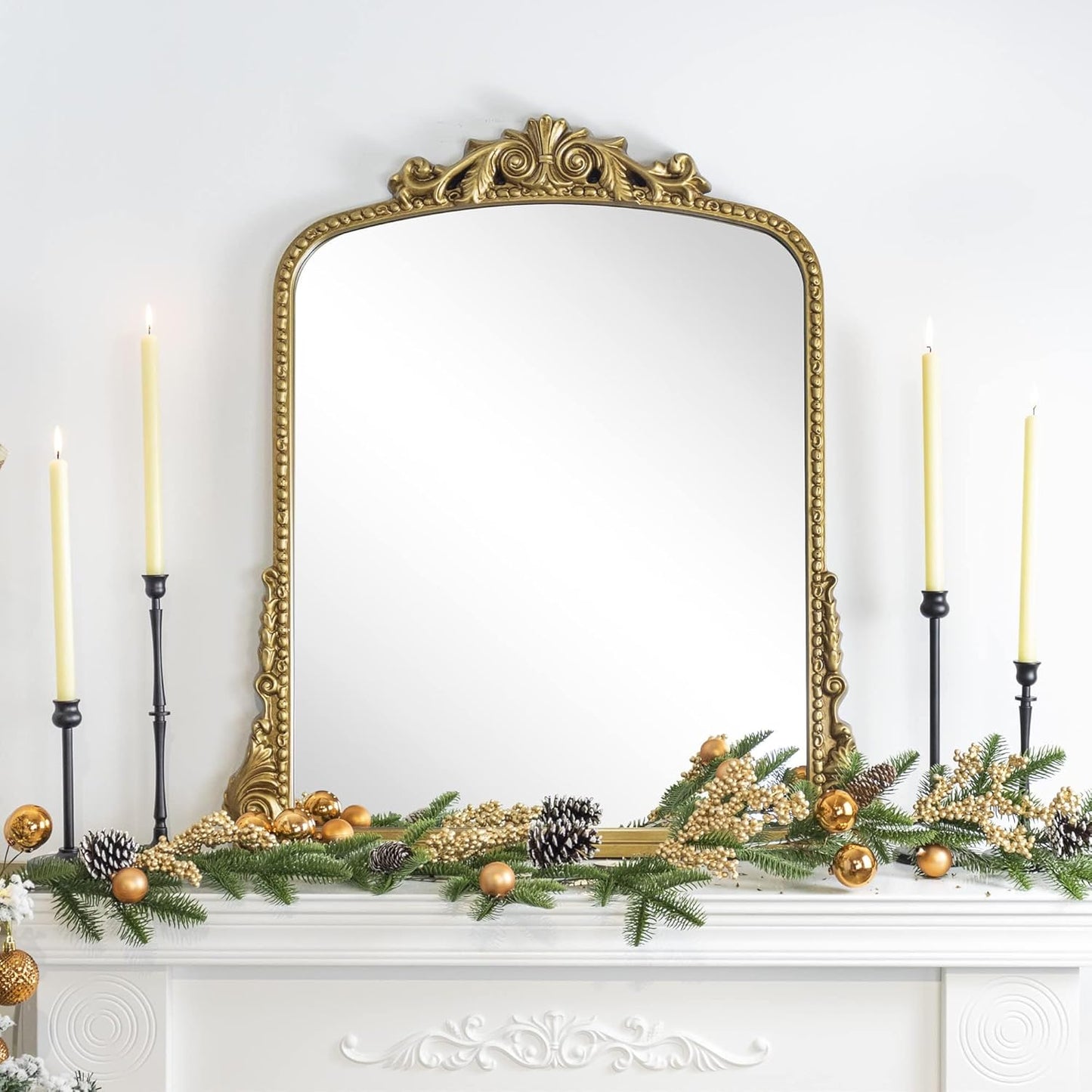 Antique Gold Ornate Mirror Arched Mantel Mirror Baroque Inspired Ornate Dresser Mirror, 30x34