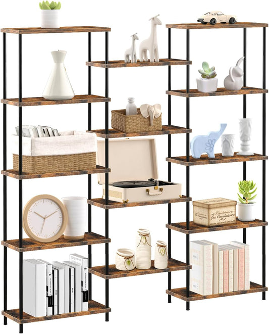 MOOACE 5 Tier Bookshelf, Industrial Style Bookcases with 14 Open Display Shelves, Open Large Storage Bookshelves Shelving with Anti-Falling Device for Bedroom,Living Room, Office Display Cabinet Brown