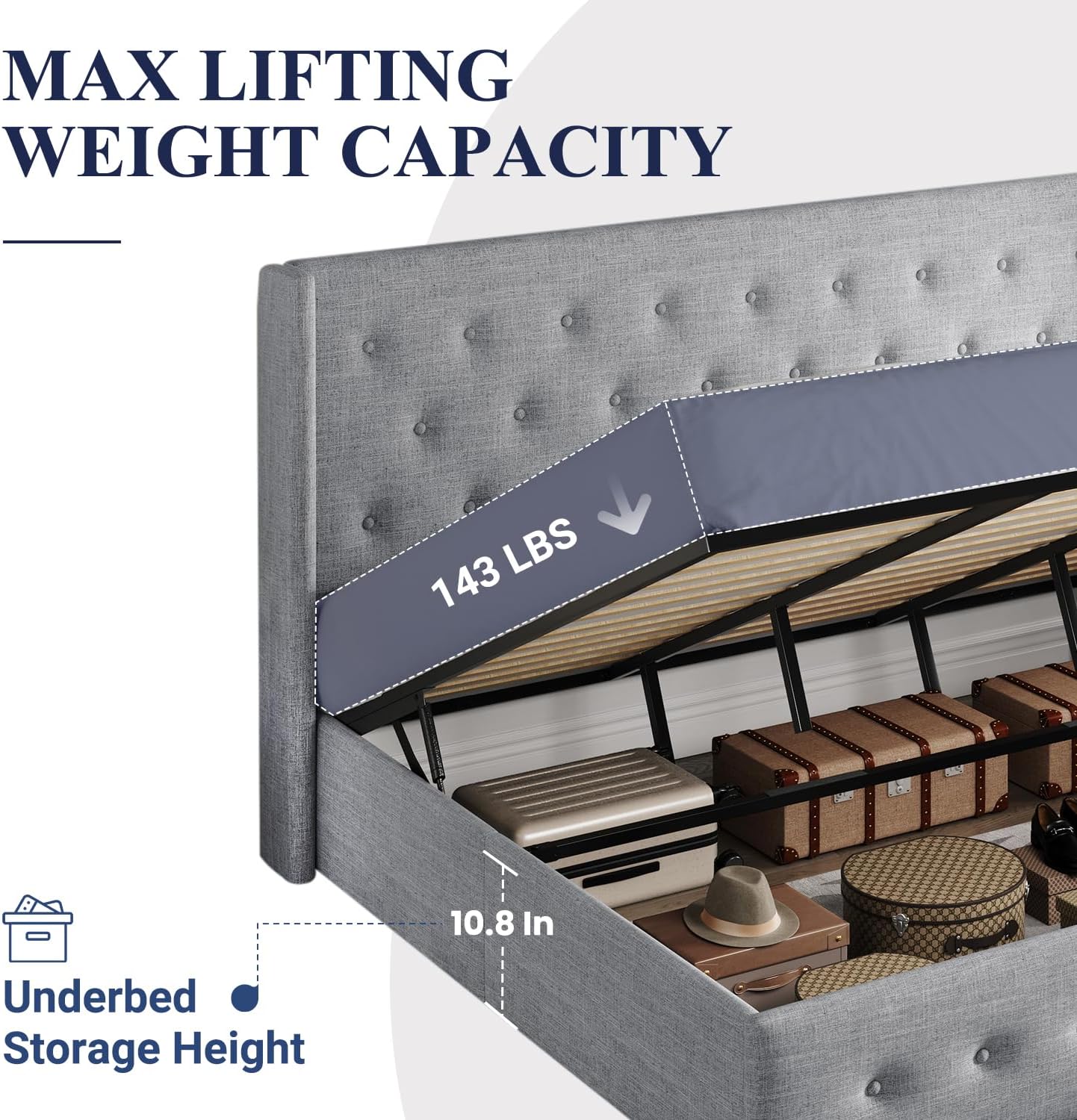 Allewie King Size Lift Up Storage Bed, Button Tufted Headboard with Wingback, Hydraulic Support, No Box Spring Needed, Light Grey