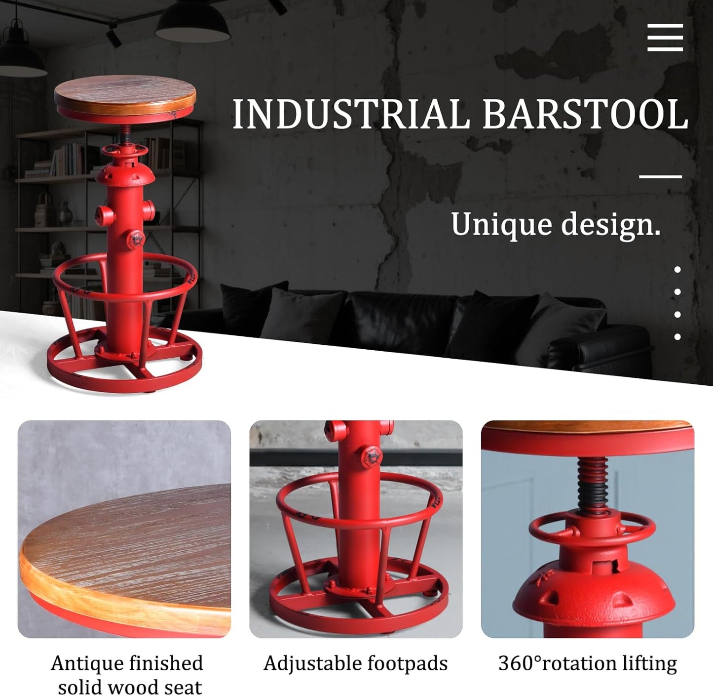 Topower Antique Industrial Round Bottom Adjustable Height Cafe Coffee Retro Vintage Stylish Water Pipe Design Pub Kitchen Bar Stool Antique Red