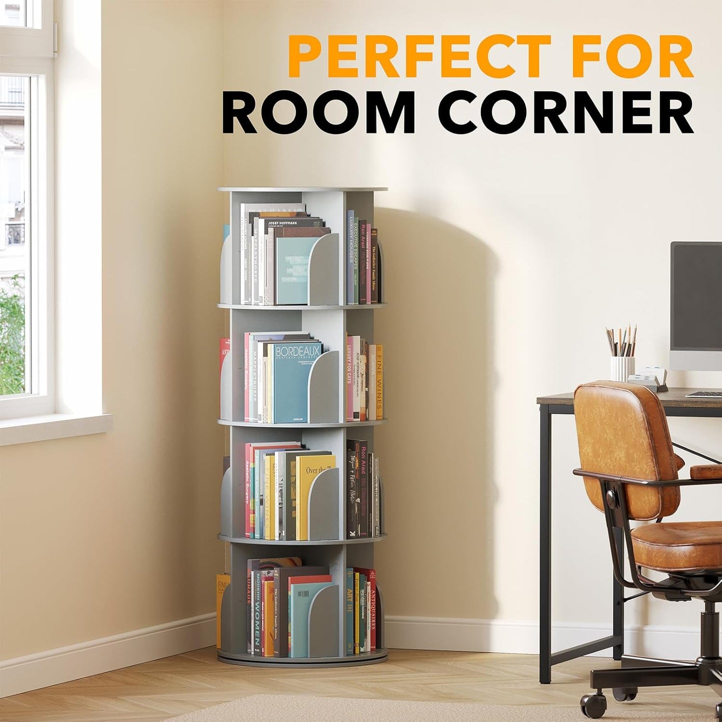 SpaceAid 4 Tier Rotating Bookshelf Tower, Spinning Bookcase Lazy Susan, Revolving 360 Book Shelf Storage Round Carousel, Vertical Rotate Turning Spiral Corner Organizer, Gray