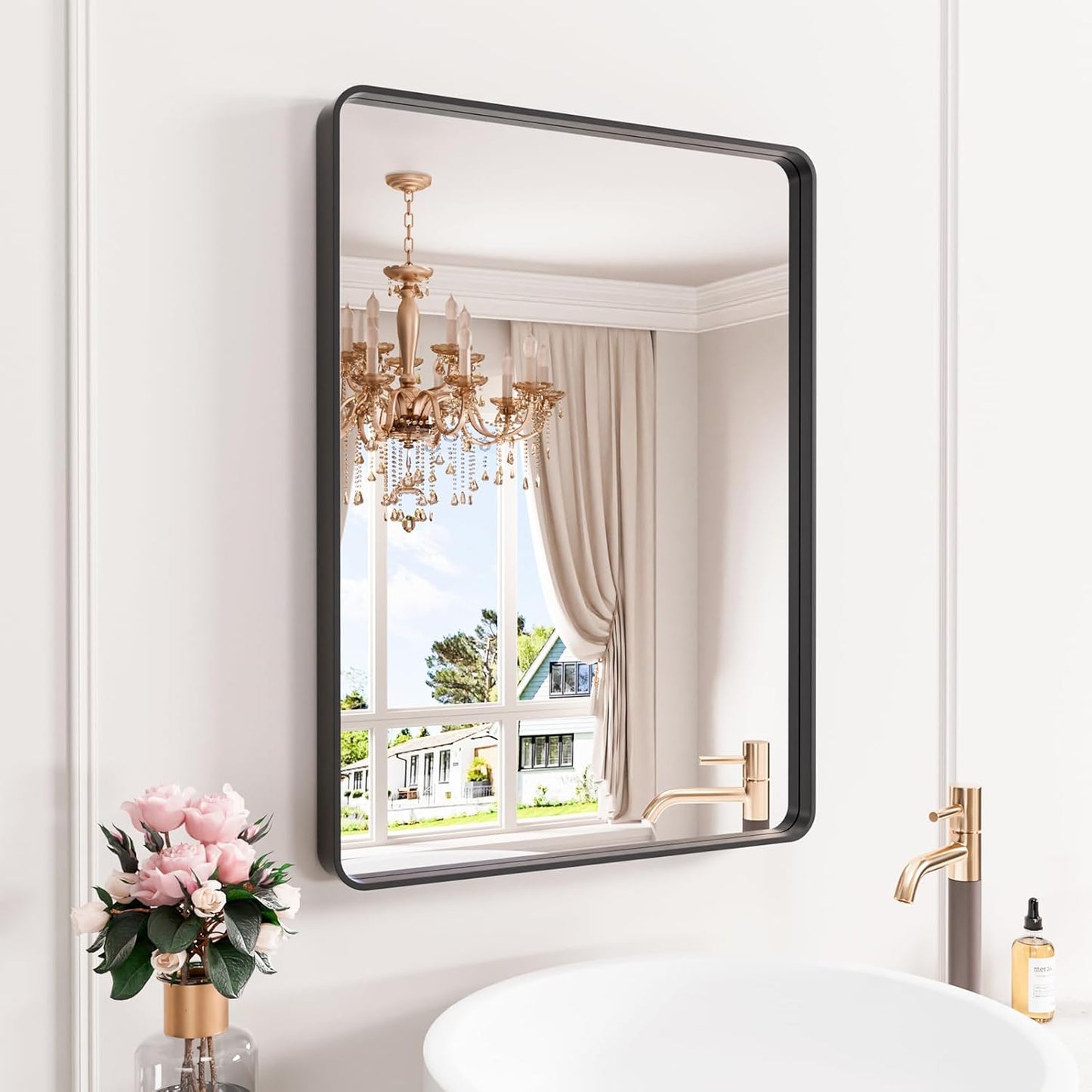 Black Bathroom Mirror 22X30 Inch, Black Metal Framed Mirror for Wall, Rounded Rectangle Matte Bathroom Vanity Mirror with Tempered Glass, Anti-Rust, Horizontal/Vertical