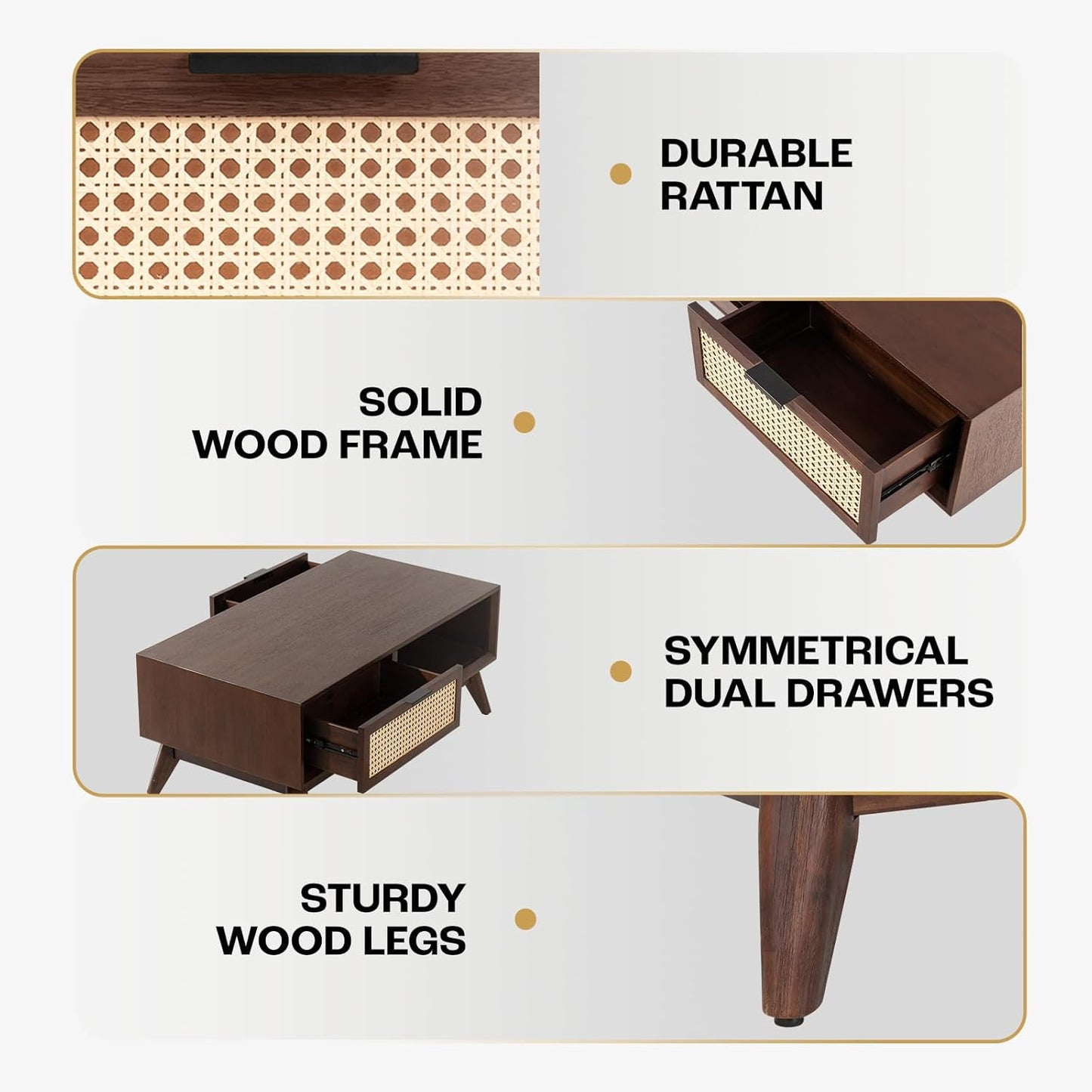 Bme Modern Solid Wood Coffee Table with Storage, Accent Rattan Design, Perfect for Living Room, Walnut, Medium