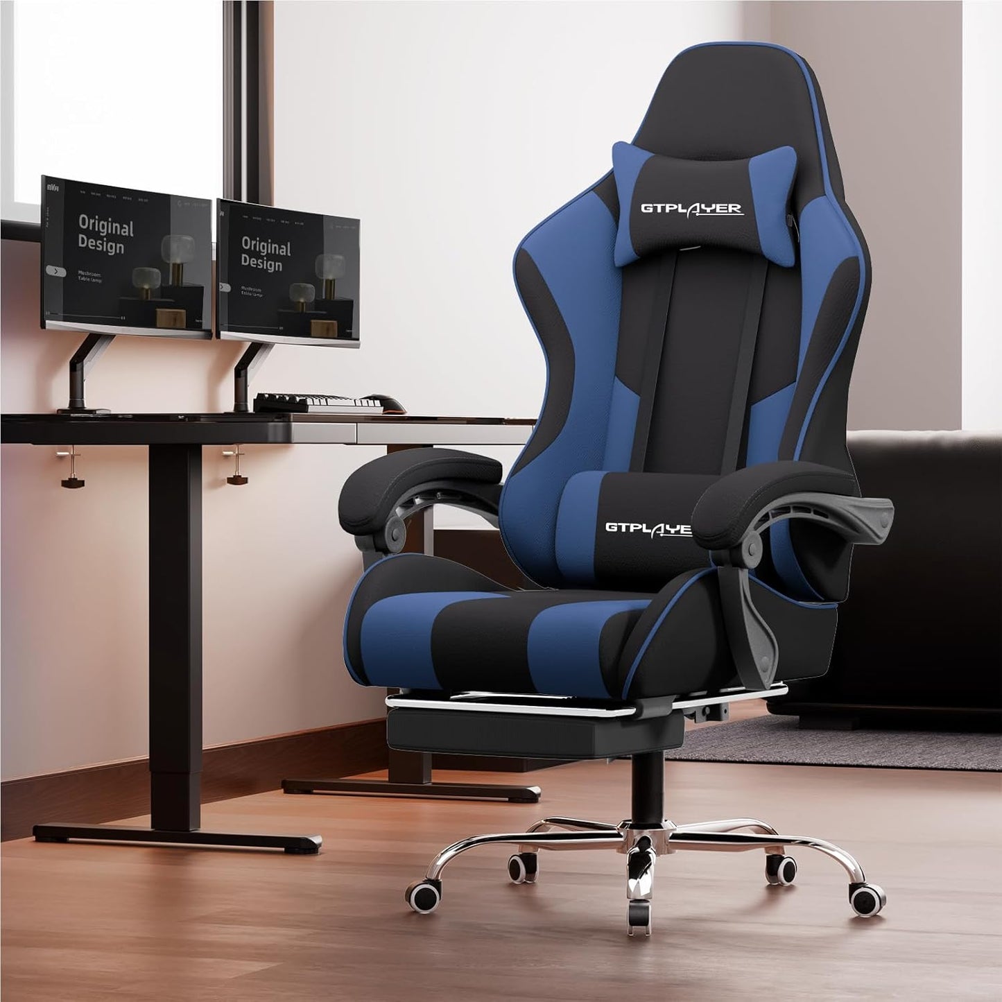 GTPLAYER Gaming Chair, Computer Chair with Footrest and Lumbar Support, Height Adjustable Game Chair with 360°-Swivel Seat and Headrest and for Office or Gaming (Blue, Fabric)