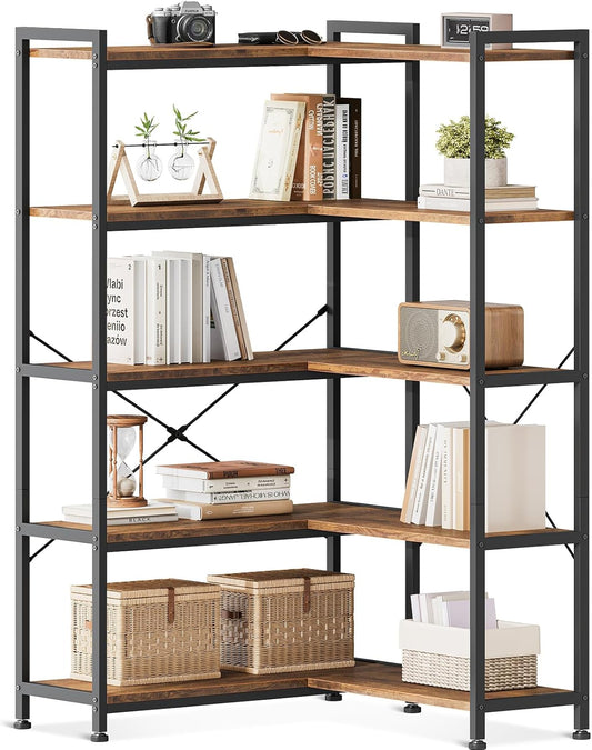 Casaottima Corner Bookshelf 5 Tier, 57 Inches Reversible Book Shelf for Living Room, Industrial Wooden Bookcase with Open Shelves and Metal Frame for Bedroom, Home Office, Kitchen, Rustic Brown