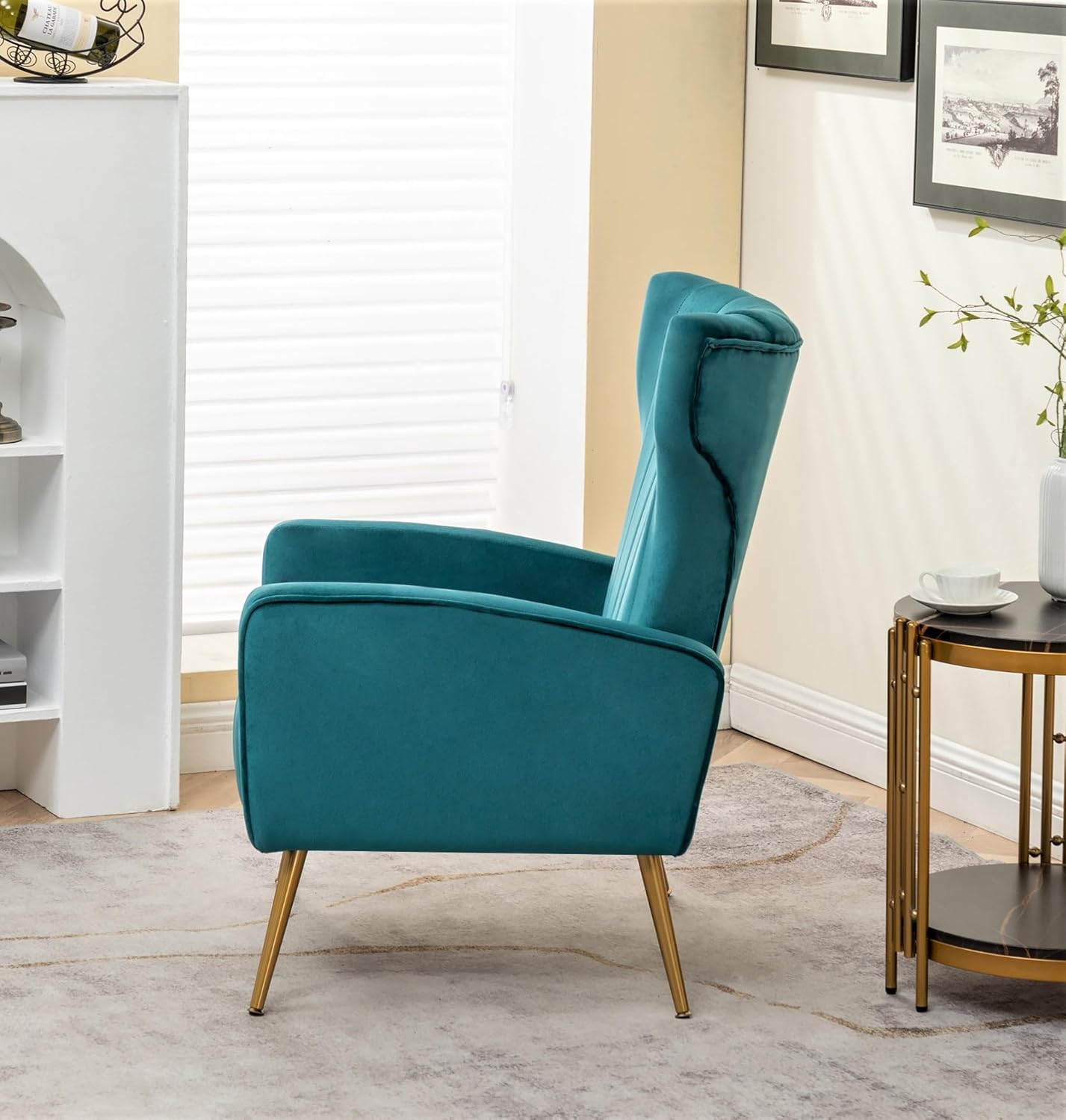 Container Furniture Direct Modern Velvet Accent Chair, Channel Tufted Bedroom, Office or Living Room Furniture with Elegant Metal Legs, 26" Wide Armchair, Blueish Green