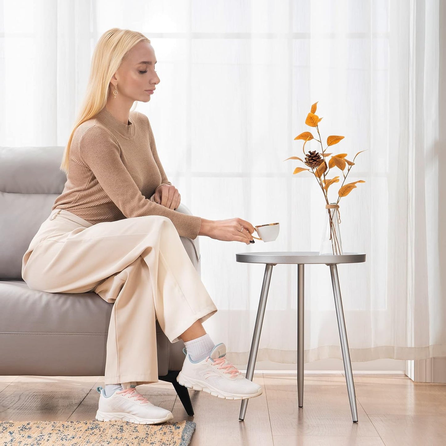 Apicizon 16" Round Side Table Set of 2, Silver Metal End Table for Living Room, Bedside, Mid Century Modern Coffee Table or Circle Accent Table for Small Spaces, Silver and White