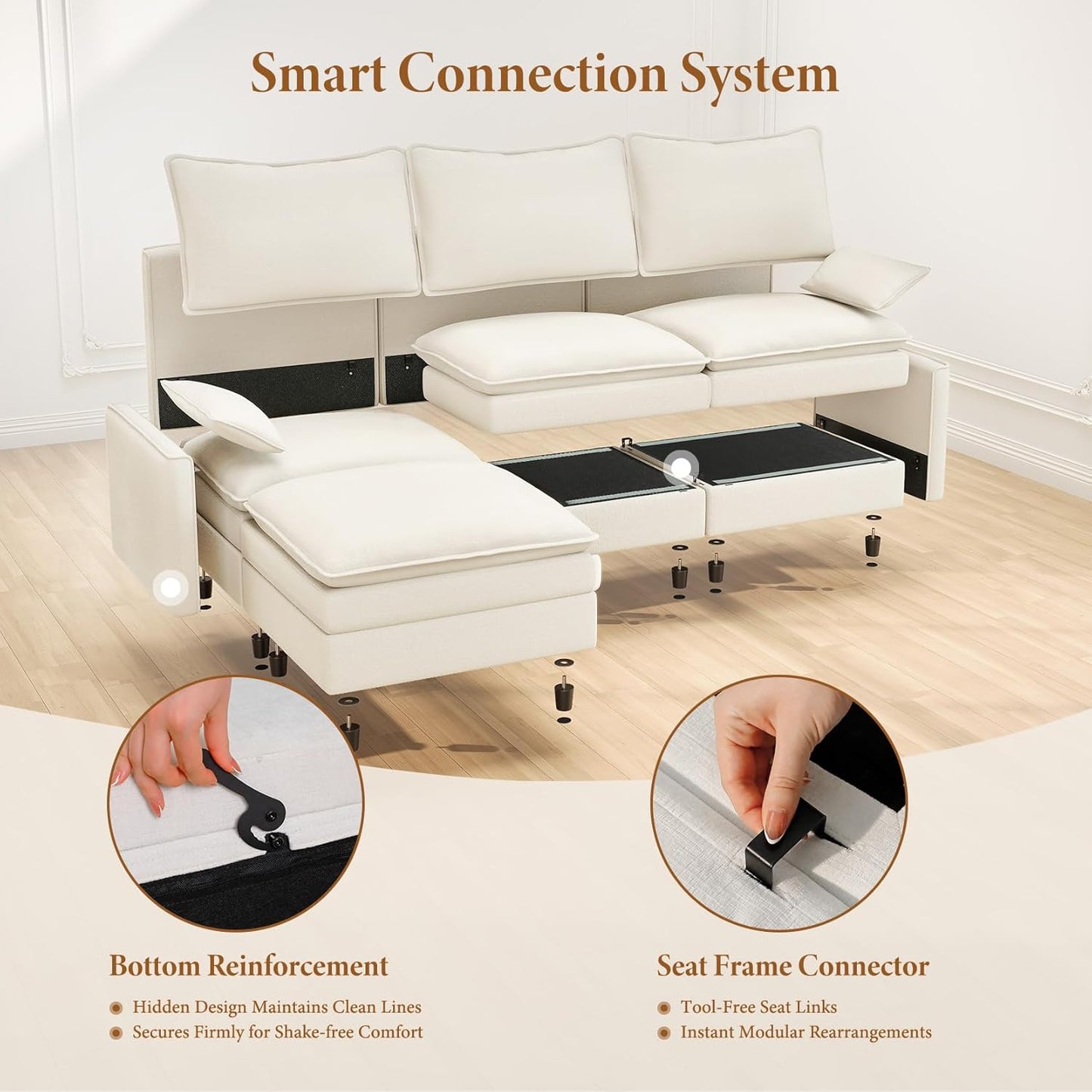 Vesgantti 142" U Shaped Sectional Couch, Comfy Cloud Modular Sectional Sofa with 2 Ottoman Deep Seat Chenille Modern Cloud Sofa, Modular Sofas for Living Room, Bedroom and Apartment, Snow White