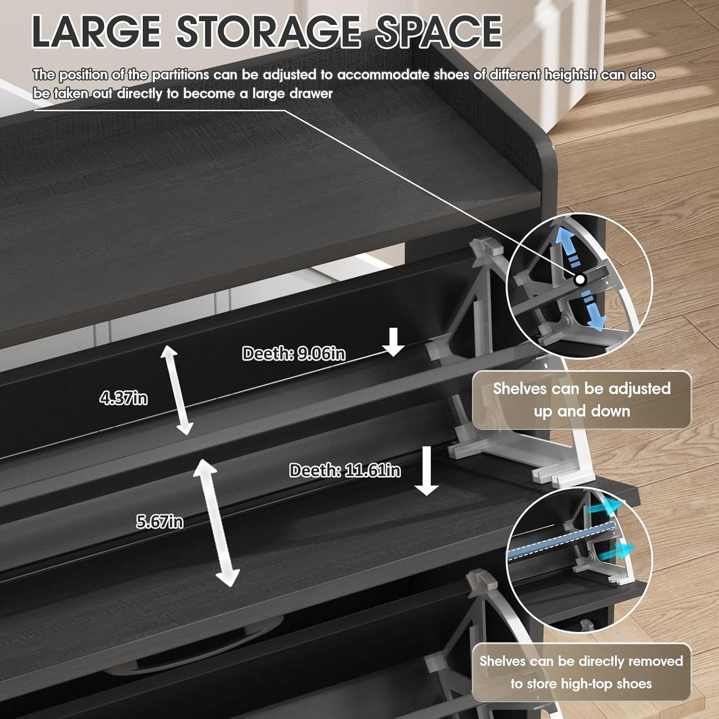 Maupvit Shoe Storage Cabinet with 3 Flip Drawers, Freestanding Organizer with Metal Legs for Entryway, Narrow Shoe Rack Cabinet, Black