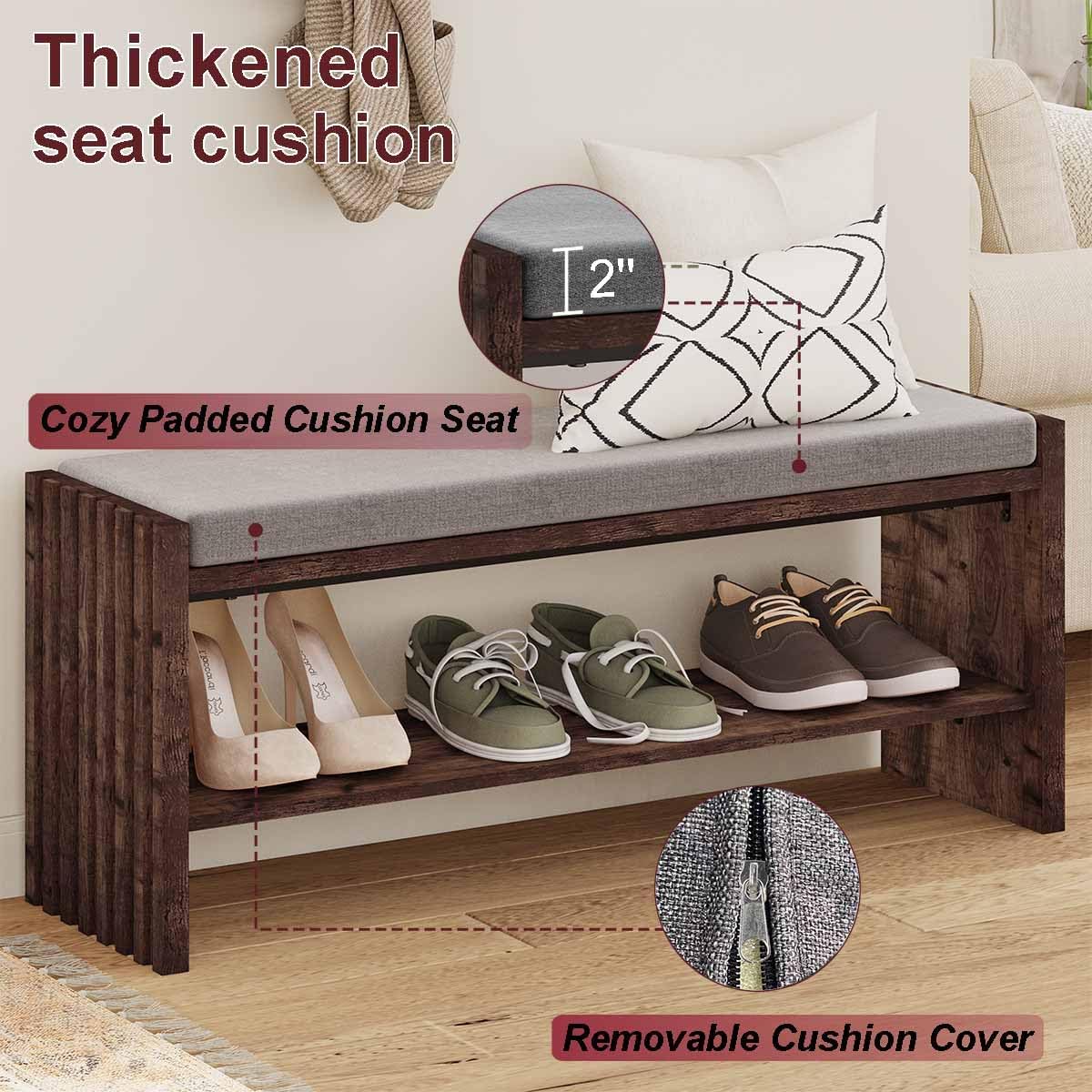 BON AUGURE Entryway Bench with Shoe Storage, 2-Tier Shoe Rack Bench with Cushion, Wood Benches for Bedroom, Living Room, Mudroom, Hall (Rustic Oak, 40 in Wide)