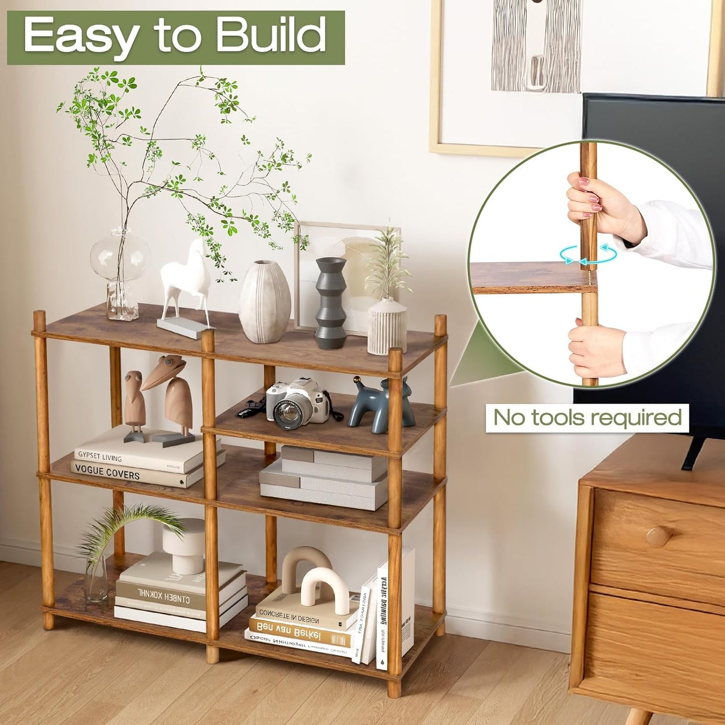 YGYQZ Wooden 3 Tier Storage Shelf, 5 Cube Short Small Book Shelf Simple and Natural Style Display Cubby Vertical Organizer Wood Open Storage Organizer for Small Space