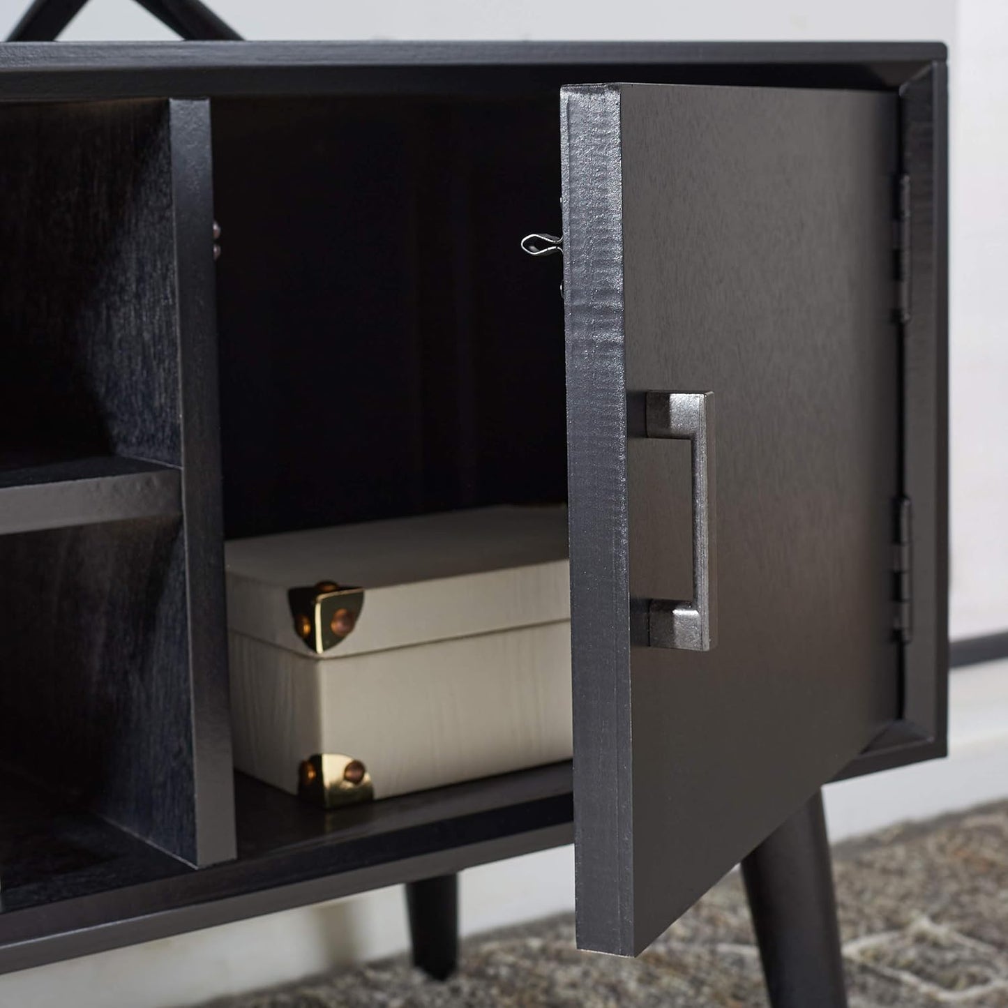 SAFAVIEH Sorrel TV Stand for up to 55" Flatscreen – Black, 2 Doors with Interior Storage, 2 Open Shelves, Entertainment Media Console (MED5701B)