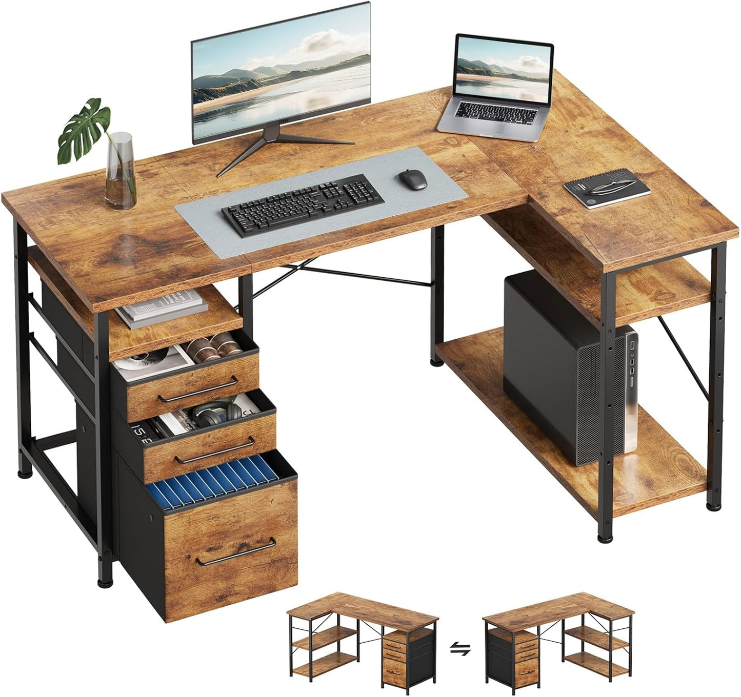 47" Computer Desk with Drawers, Desks for Bedrooms, Writing Desk with Storage, Work Desk for Small Space, Rustic Brown