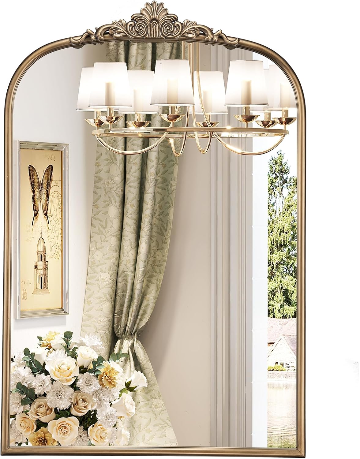 22" x 30" Arched Vintage Gold Mirror for Wall, Antique Bronze Bathroom Mirror with Metal Frame, Ornate Arch Vanity Mirror for Entryway, Mantel, Powder Room