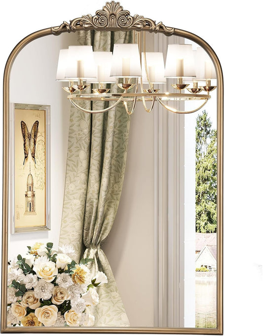22" x 30" Arched Vintage Gold Mirror for Wall, Antique Bronze Bathroom Mirror with Metal Frame, Ornate Arch Vanity Mirror for Entryway, Mantel, Powder Room