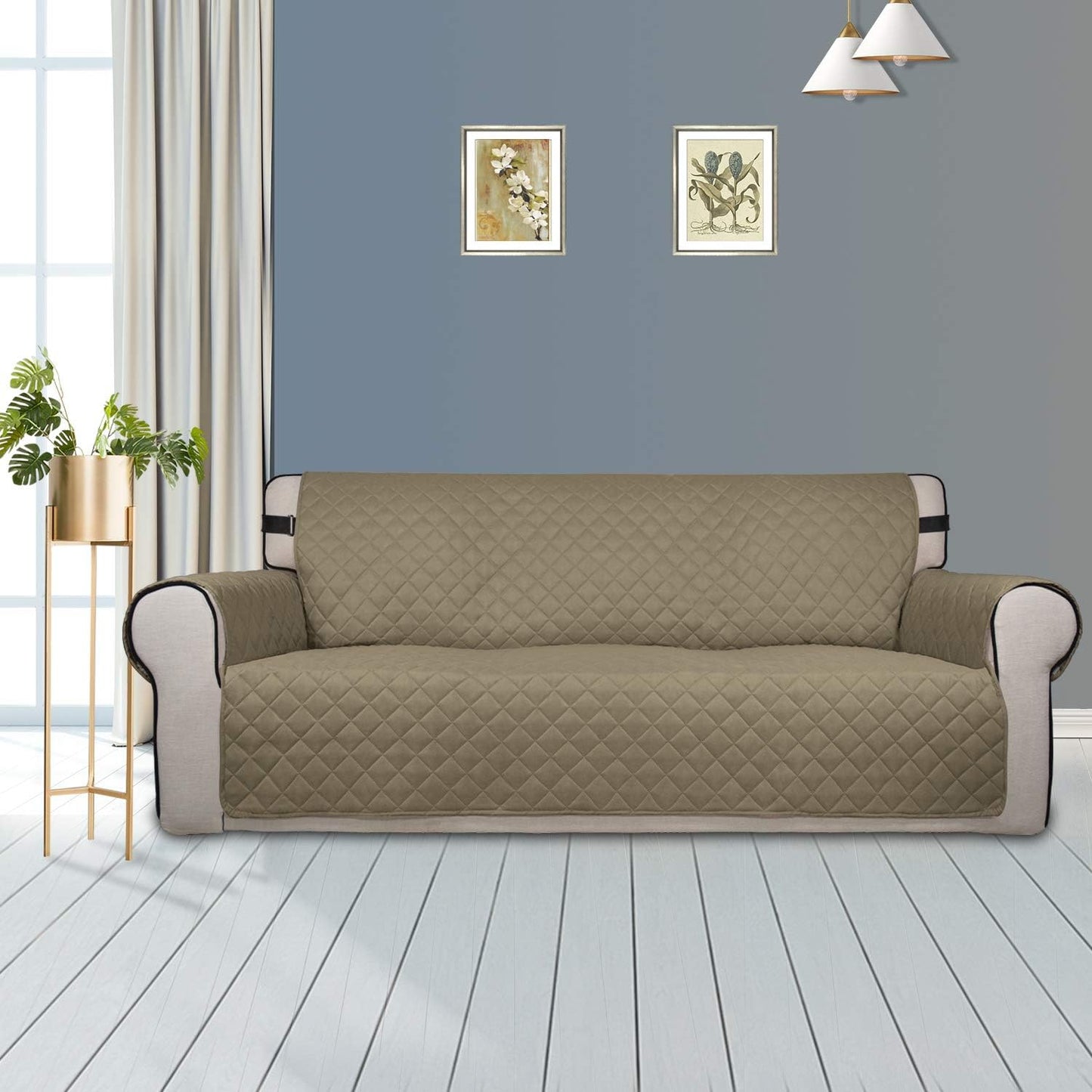 PureFit Reversible Sofa Couch Cover Water Resistant Couch Covers for 3 Cushion, Washable Furniture Cover with Non-Slip Foam and Adjustable Strap for Dogs, Pets (Sofa, Beige/Ivory)