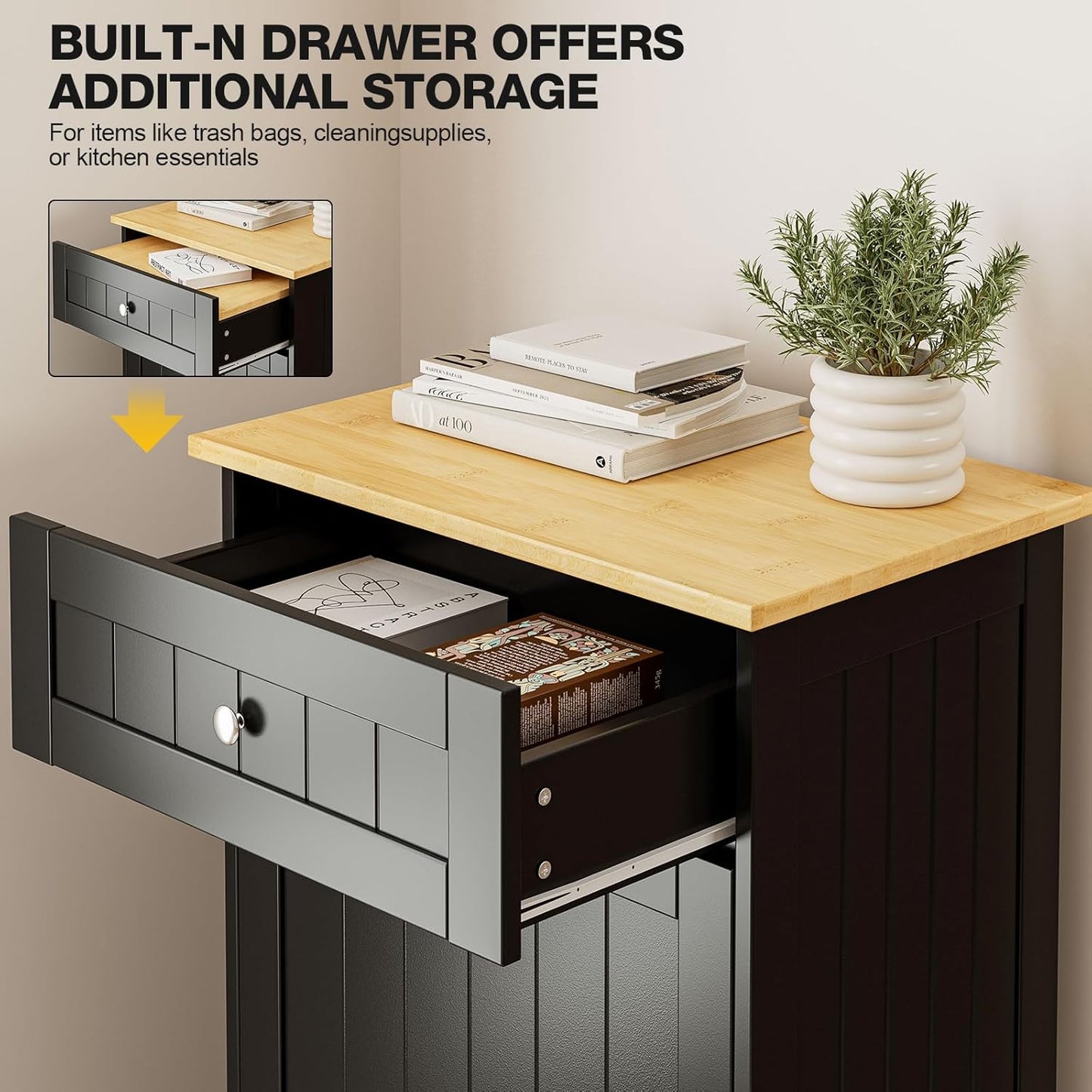 GAZHOME 10 Gallon Tilt Out Trash Cabinet, Upgrade Wooden Free Standing Recyclin Trash Cabinet with Hideaway Drawer(Black)