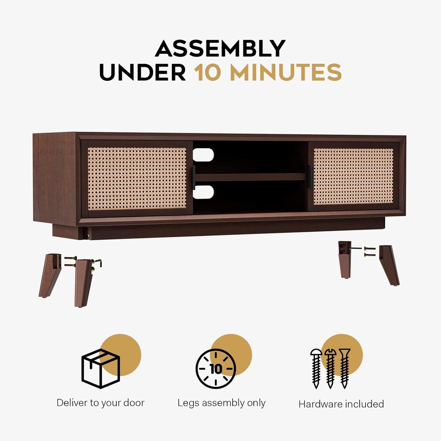 Bme Jasper Deluxe TV Console Table, Pre-Assembled Entertainment Center for up to 70 inch TV, 10 Minutes Assembly Solid Wood TV Table, Mid Century Console Stand - Walnut