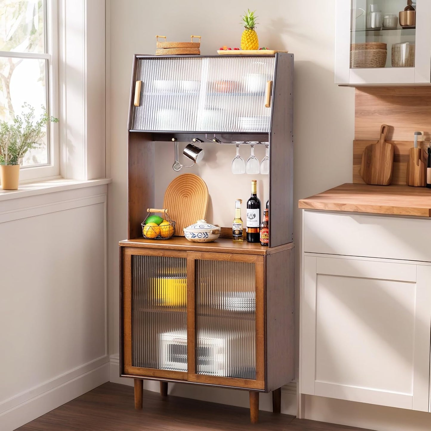 Tiita Kitchen Hutch with Countertop, 69” Rattan Solid Wood Pantry Cabinet with Hutch, Boho Bamboo Sideboard Buffet Cabinet, Boho Entryway Table for Living Room, Home Bar, Hallway, Walnut