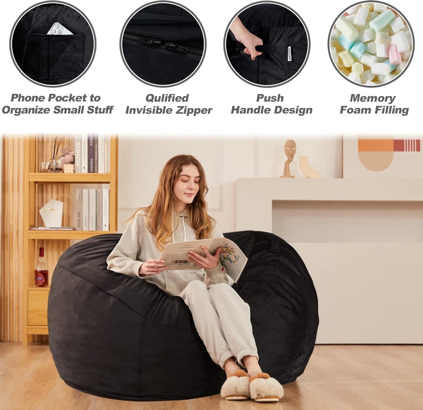 HABUTWAY Bean Bag Chair 3Ft Luxurious Velvet Ultra Soft Fur with High Rebound Memory Foam Bean Bag Chairs for Adults Plush Lazy Sofa with Fluffy Removable Sponge 3' (Black New)