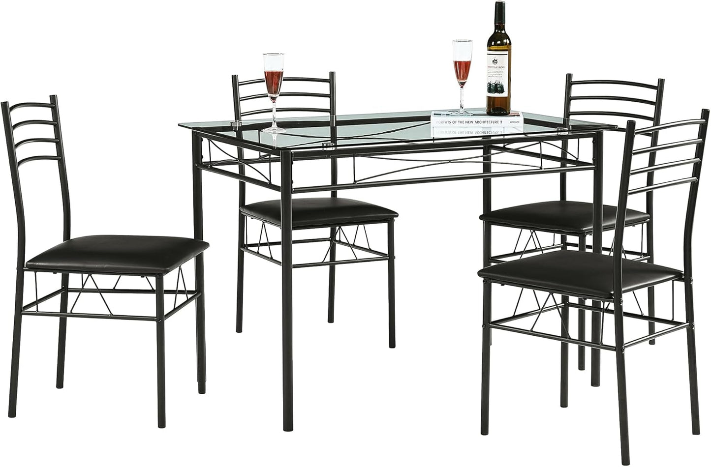 VECELO Kitchen Dining Table and Chairs Set for 4, Padded Seat & Glasses Tabletop, Space Saving, Matte Black