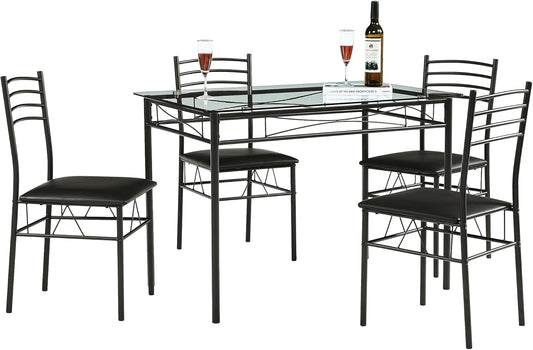 VECELO Kitchen Dining Table and Chairs Set for 4, Padded Seat & Glasses Tabletop, Space Saving, Matte Black