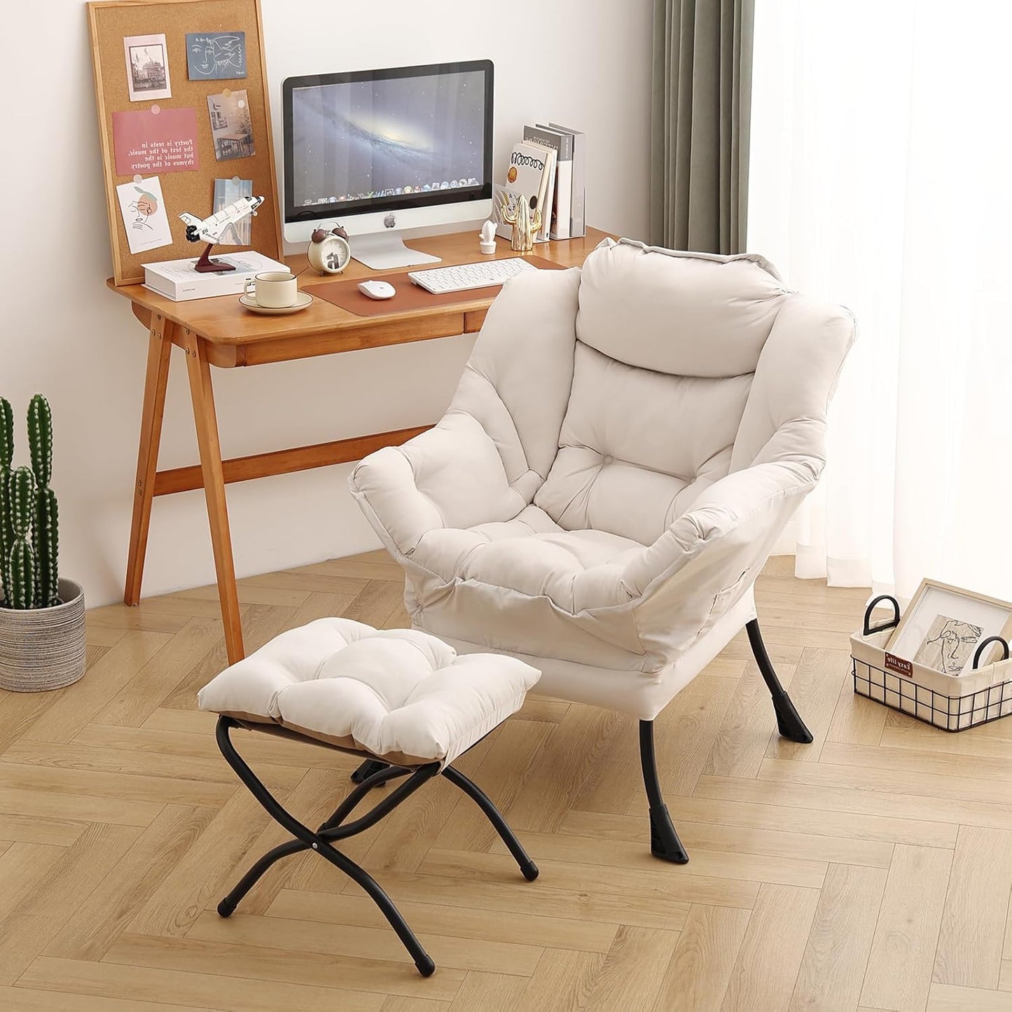 Lazy Chair with Ottoman, Modern Chair with Folding Footrest, Lounge Accent Chair, Comfortable Reading Chair, Oversized Armchairs for Bedroom, Study, Living Room, Courtyard (Beige