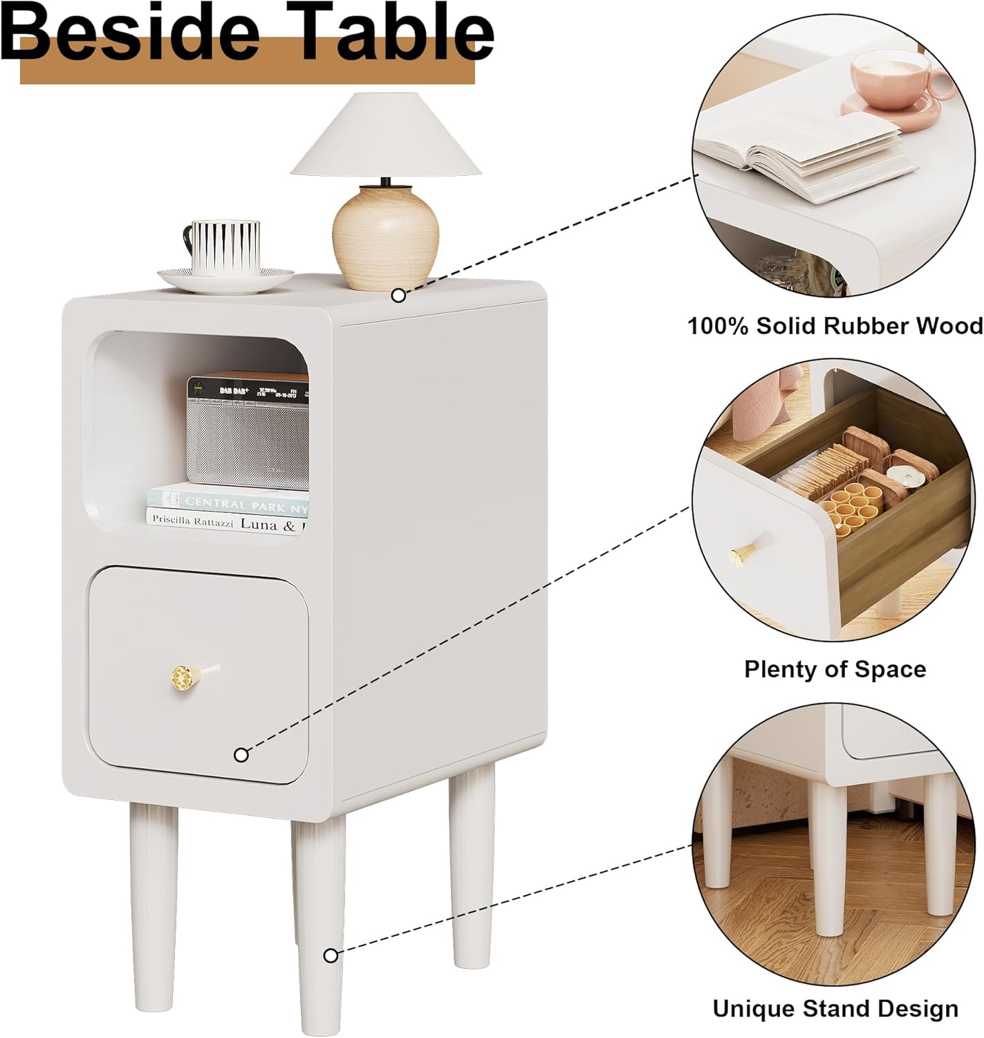 Narrow Nightstand, Solid Wood Night Stand with Drawers, White Mid Century Modern Nightstand, Small Beside Table with Open Storage Shelf for Bedroom (10 inch)