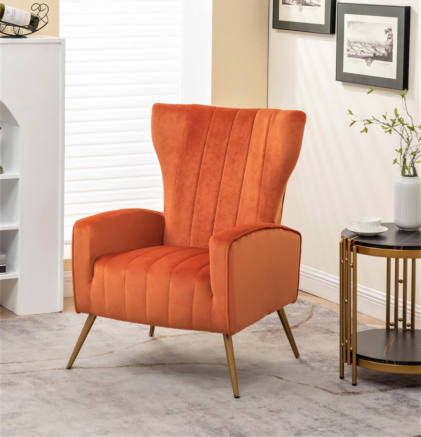 Container Furniture Direct Modern Velvet Accent Chair, Channel Tufted Bedroom, Office or Living Room Furniture with Elegant Metal Legs, 26" Wide Armchair, Orange Red